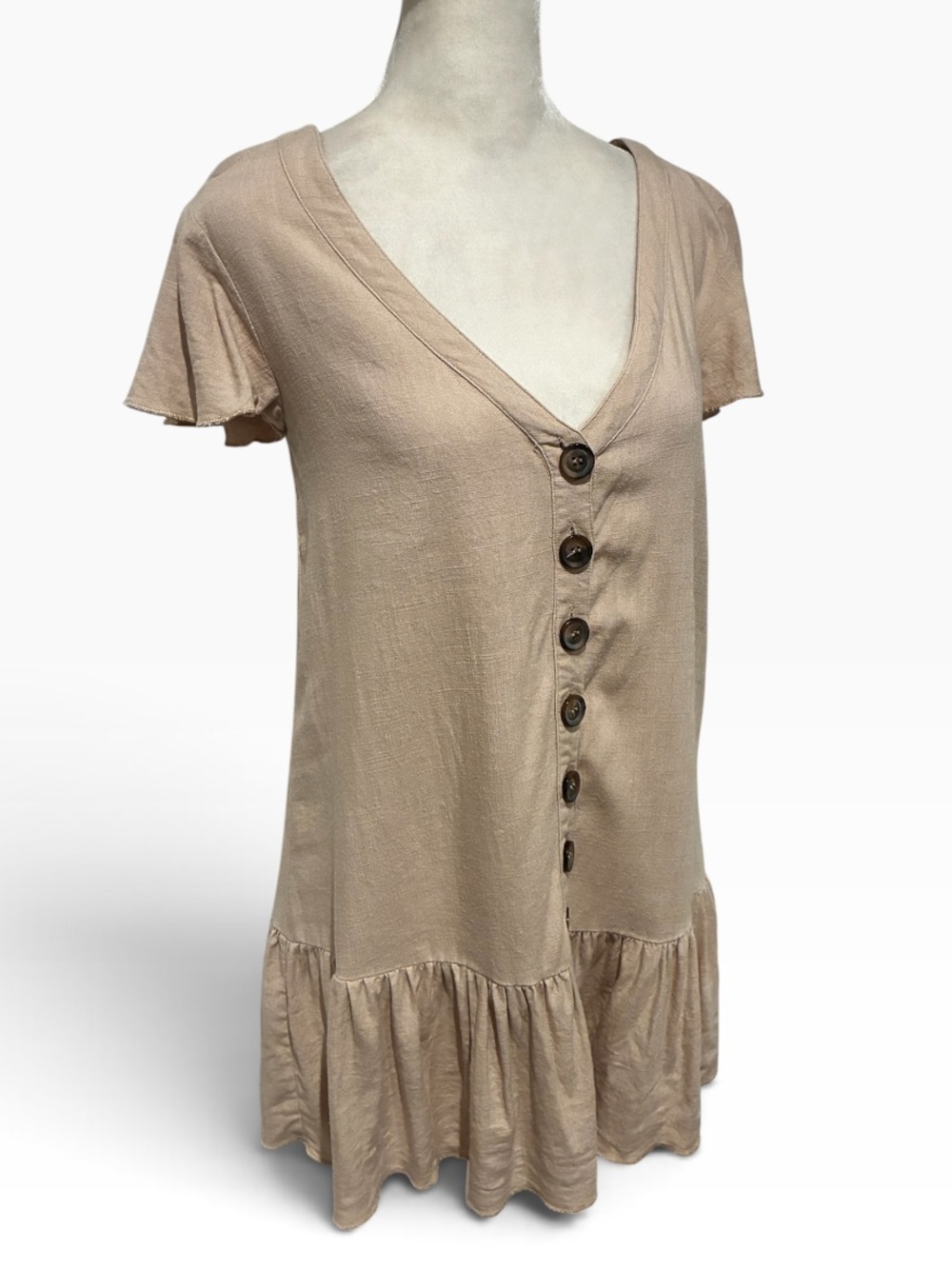 Skylar + Madison Taupe Button-Front Ruffle-Hem Tunic WORN ONCE